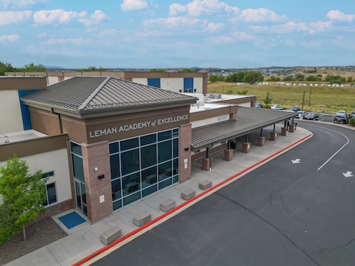 Aerial view of the front of Leman Academy Stroh location
