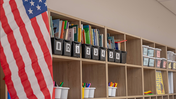 classroom cubbies photo with American flag